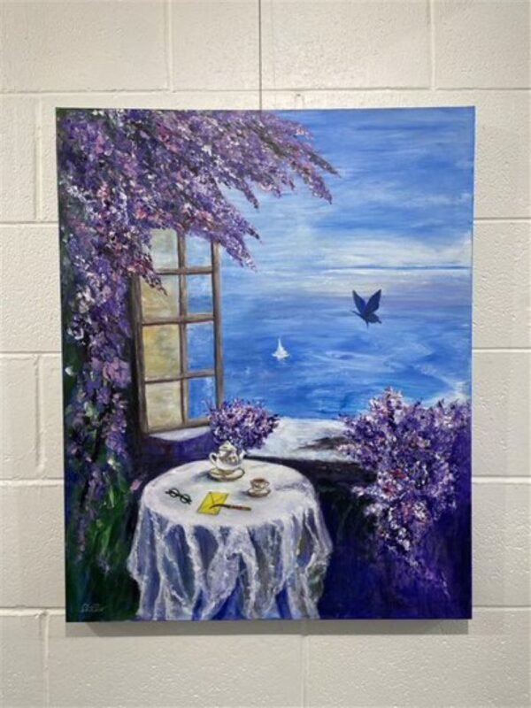 Brewing Heart by Sharon Shih, acrylic on canvas painting of a window looking out to the ocean with a table and purple flowers.
