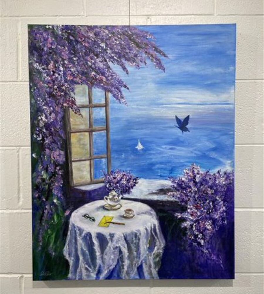 Brewing Heart by Sharon Shih, acrylic on canvas painting of a window looking out to the ocean with a table and purple flowers.