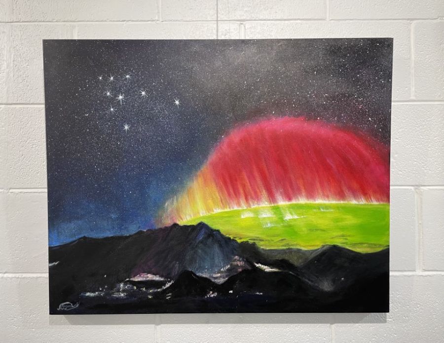 Matariki Aurora by Sharon Shih, painting, acrylic on canvas of a stary night with the southern lights
