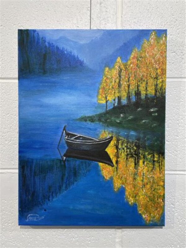 Moored Heart by Sharon Shih, acrylic on canvas painting, boat in lake with autumn tress