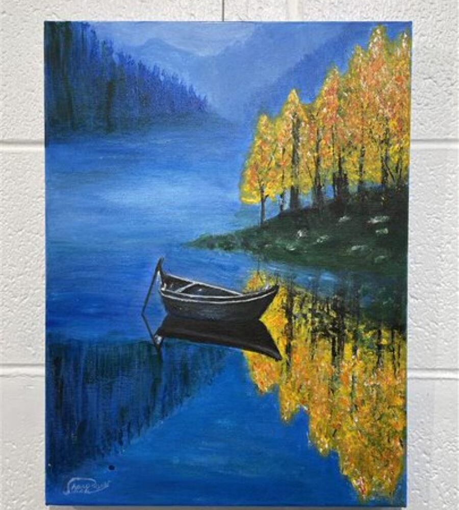Moored Heart by Sharon Shih, acrylic on canvas painting, boat in lake with autumn tress