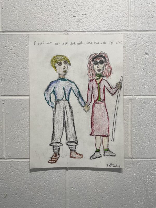Pencil on card picture of a man and a woman holding hands. The woman has a white cane and dark glasses.