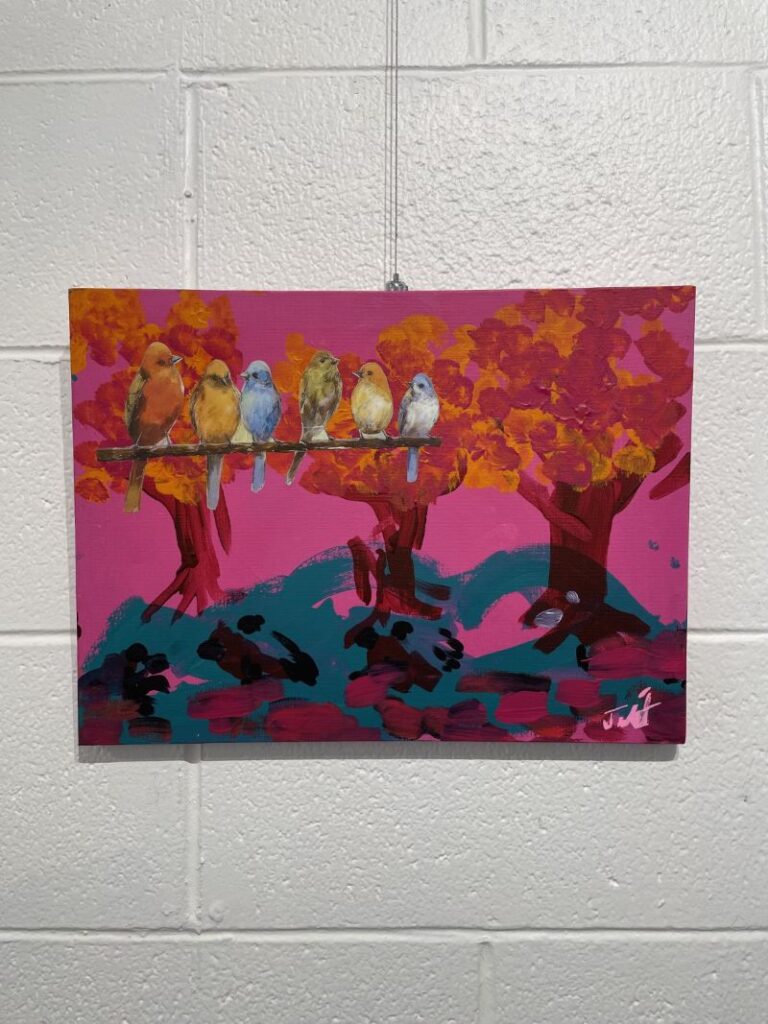 A painting of a line of birds in the foreground, with red trees and pink background.