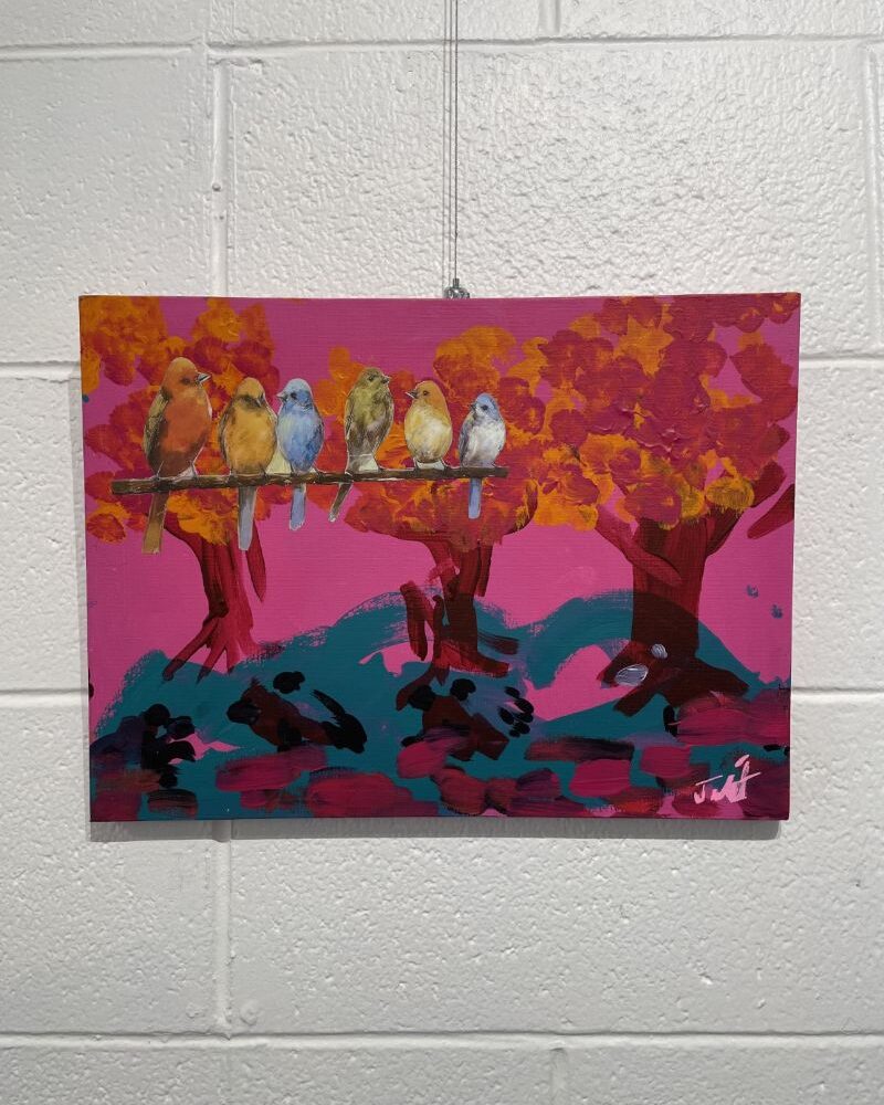 The Birds, a painting with trees, birds, and a pink sky.
