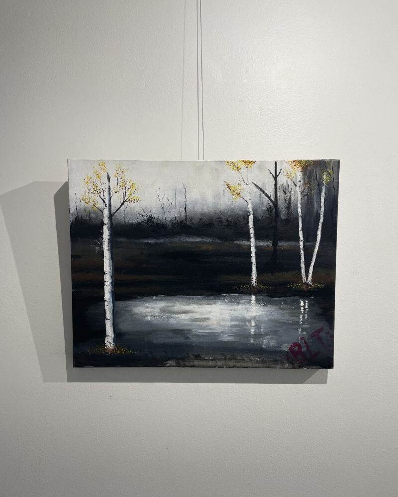 A painting of a winter scene with a pond and trees.