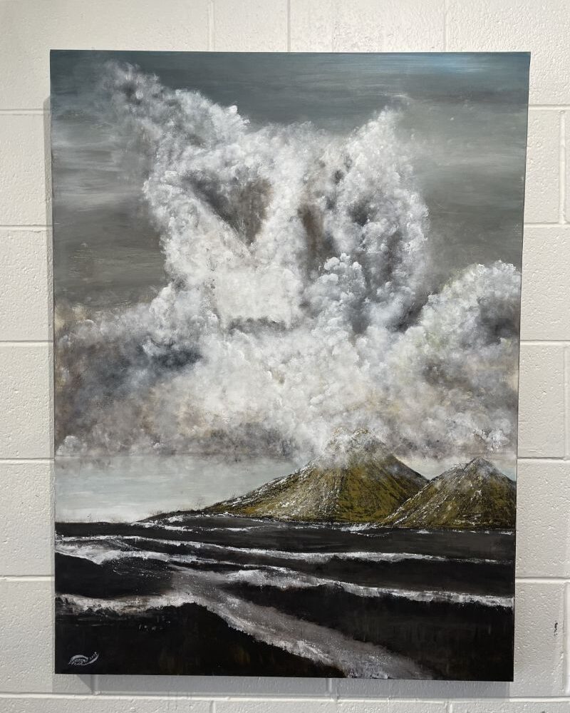 Painting of two golden mountains with a rough sea and a grey sky