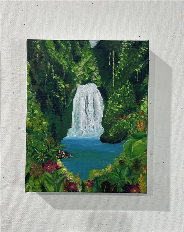 A serene bush painting with a waterfall.