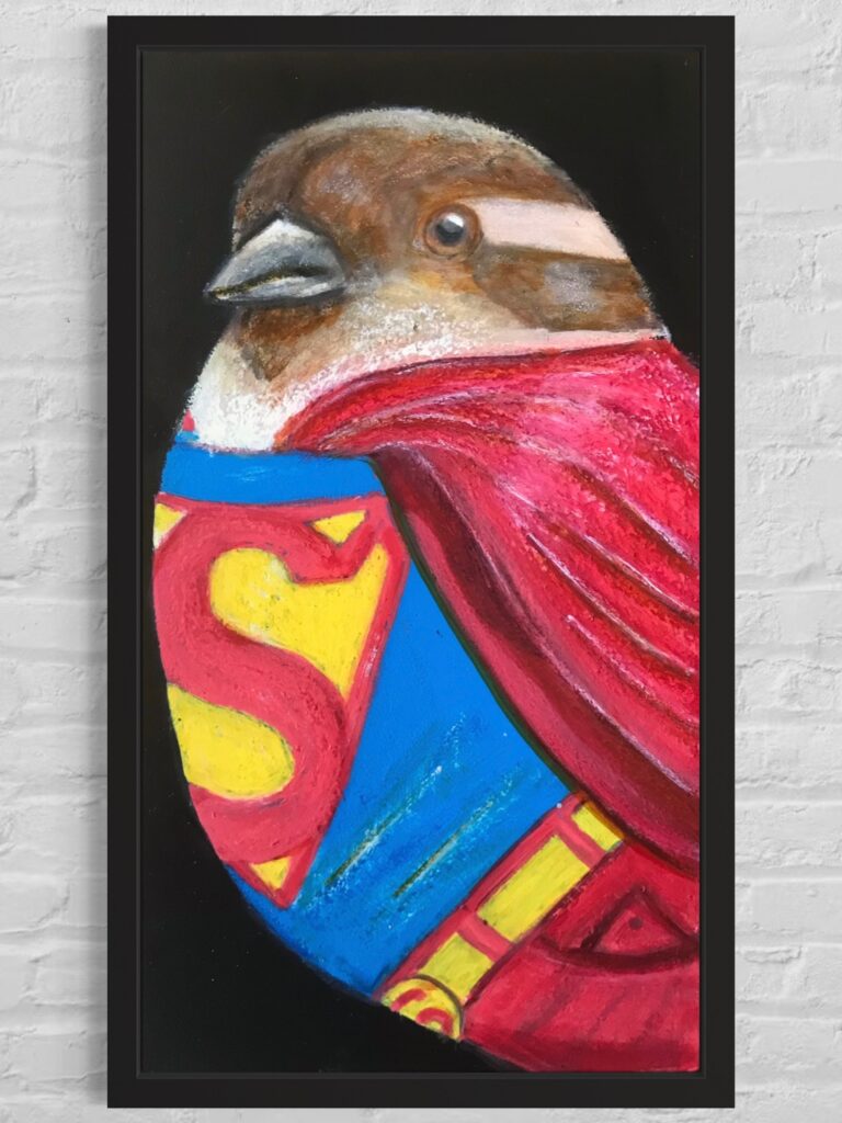 SamRB Artwork, bird with superhero costume. 