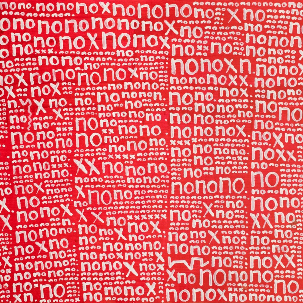 Untitled 2026 by Andrew Blythe. Red background with 'n's, 'x's and 'o's