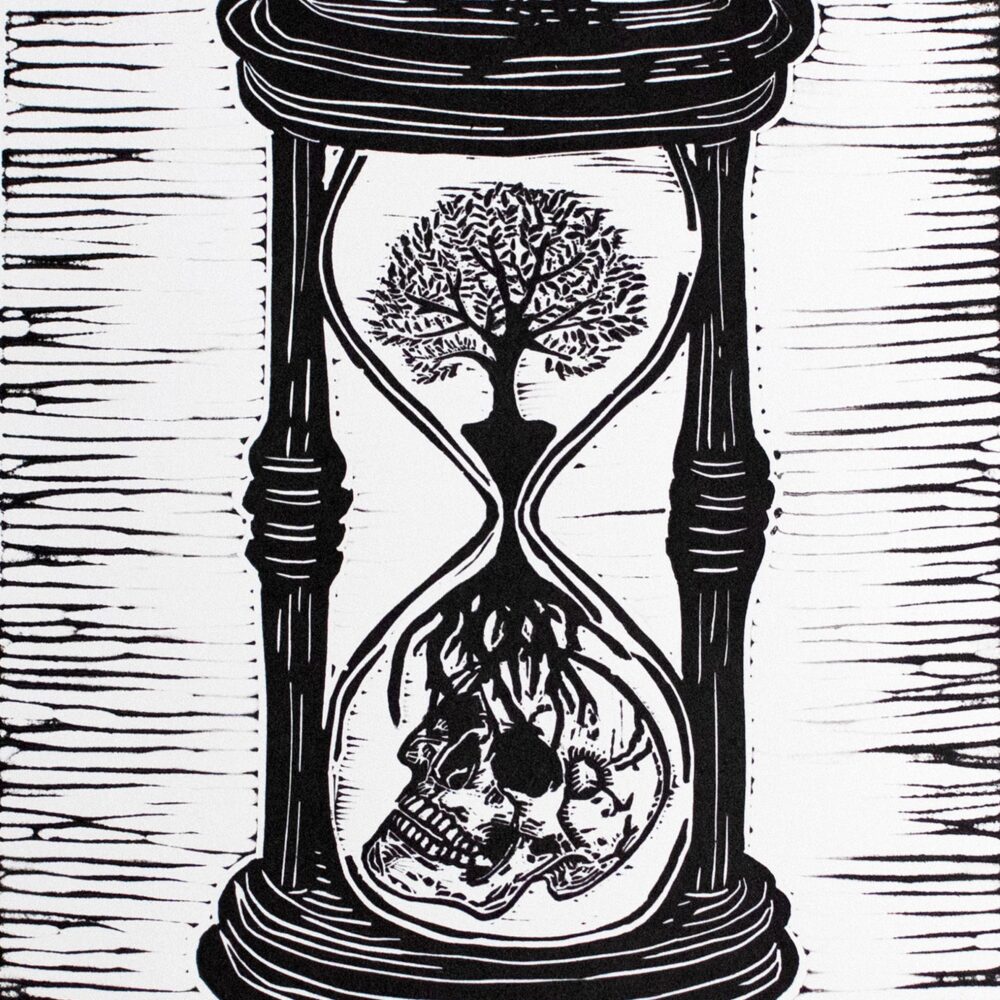 Remember to live, remember you must die by Felix Crozier. Sand hour glass with a tree in the upper part and a skull in the lower.