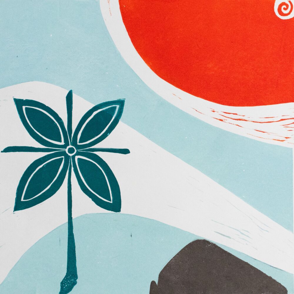 Piha Connection by Heather Gordon-Freeborn. Lion Rock with blue flower and blunt orange sun.