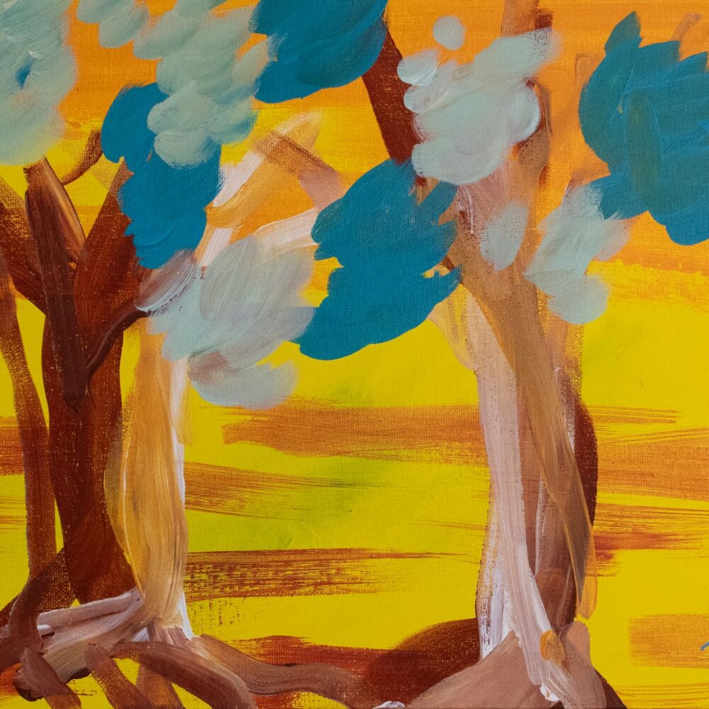 Australian Flora by Juliet Jackson. Yellow background with trees with blue foliage.