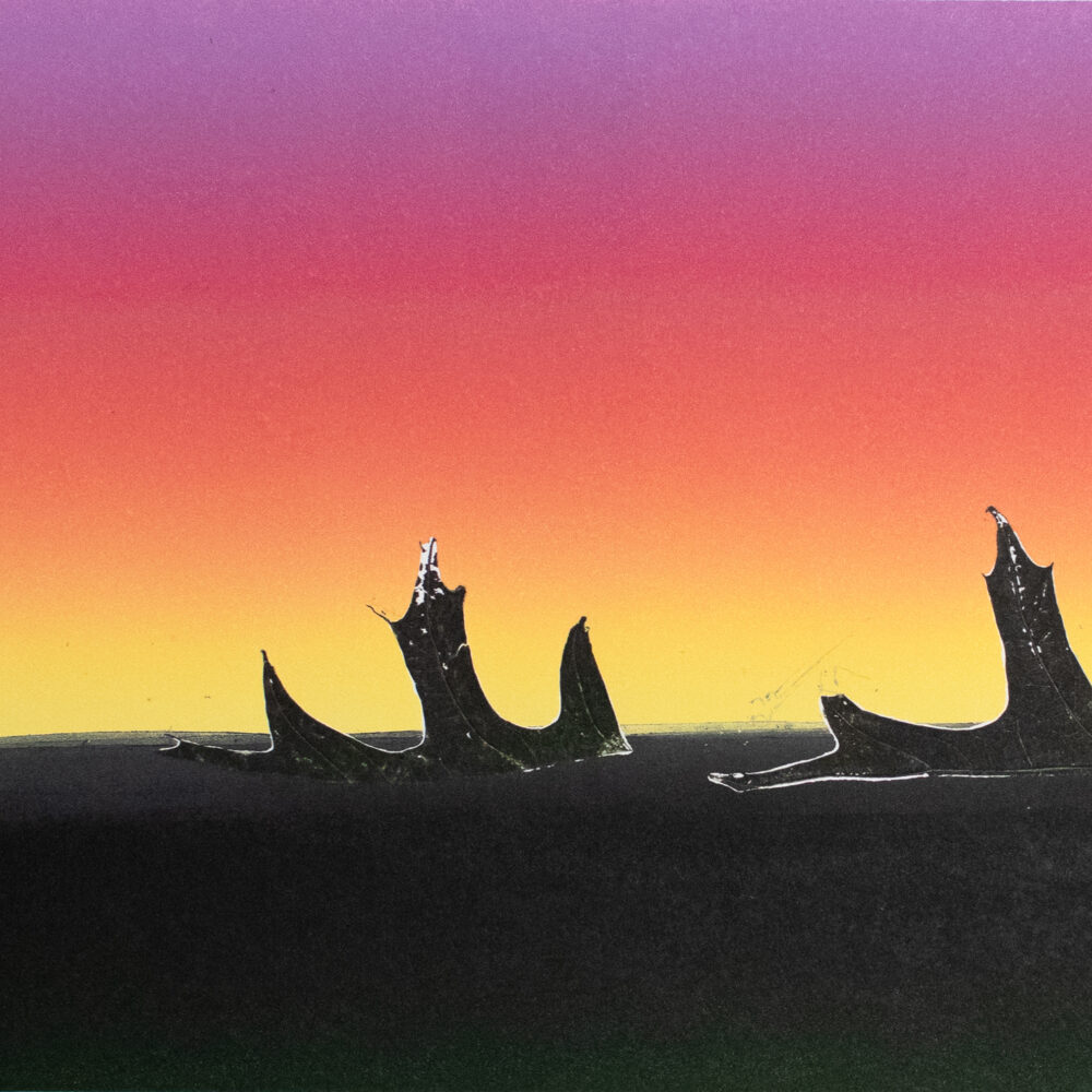 Untitled sunset by Phillip Jarvis. Gold and pink sky with black sea and two black boats.