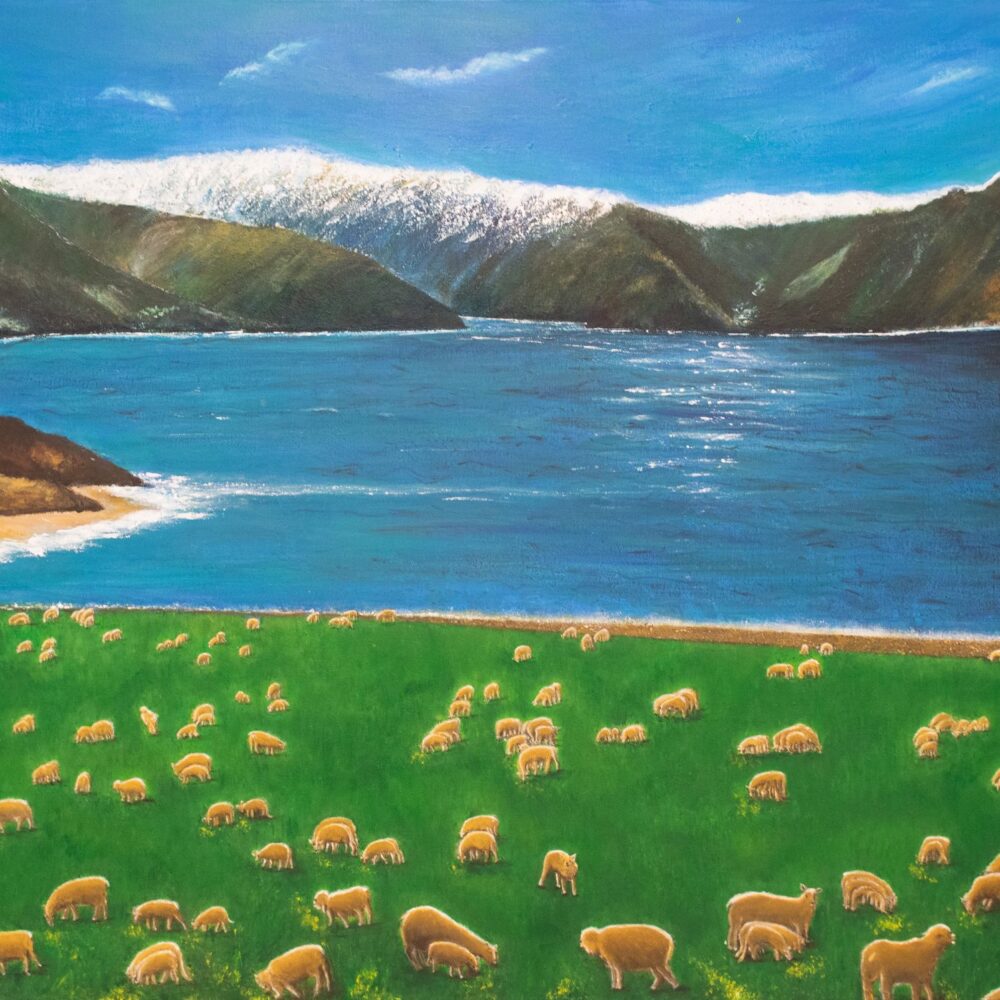 Bay of Quiet Herd by Sharon Shih. Mountains, lake and sheep grazing in the foreground.