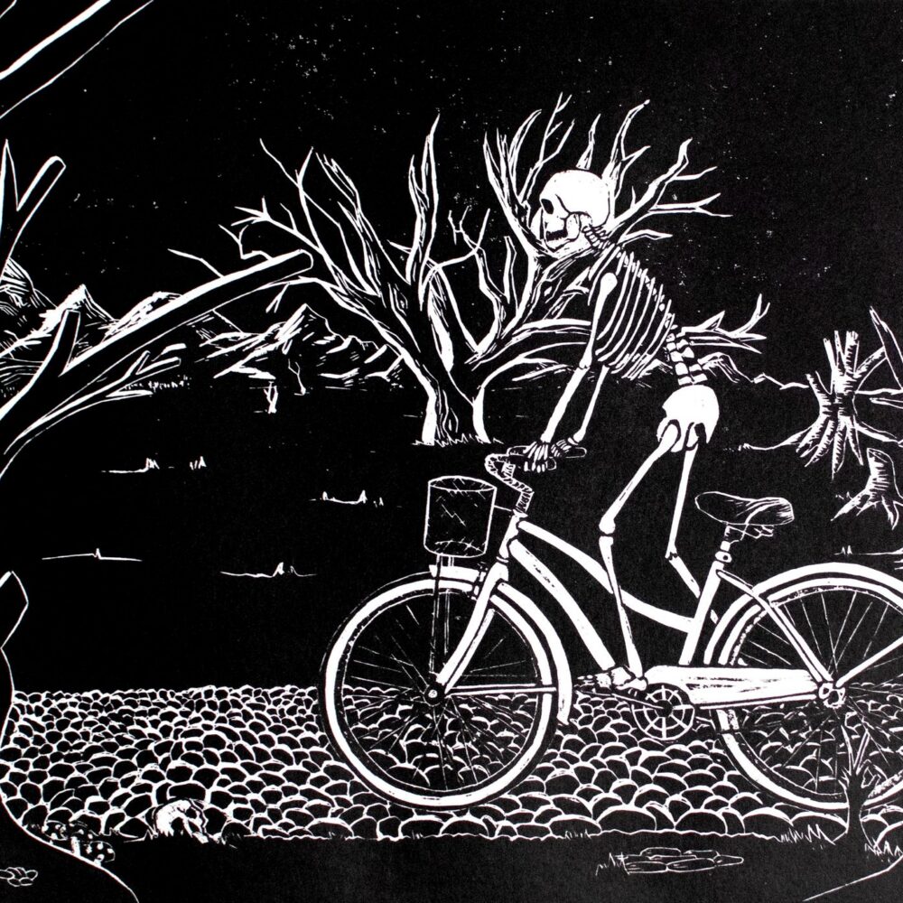 Deathly night air by Zet Makkink. Skeleton riding on a bike through the night.