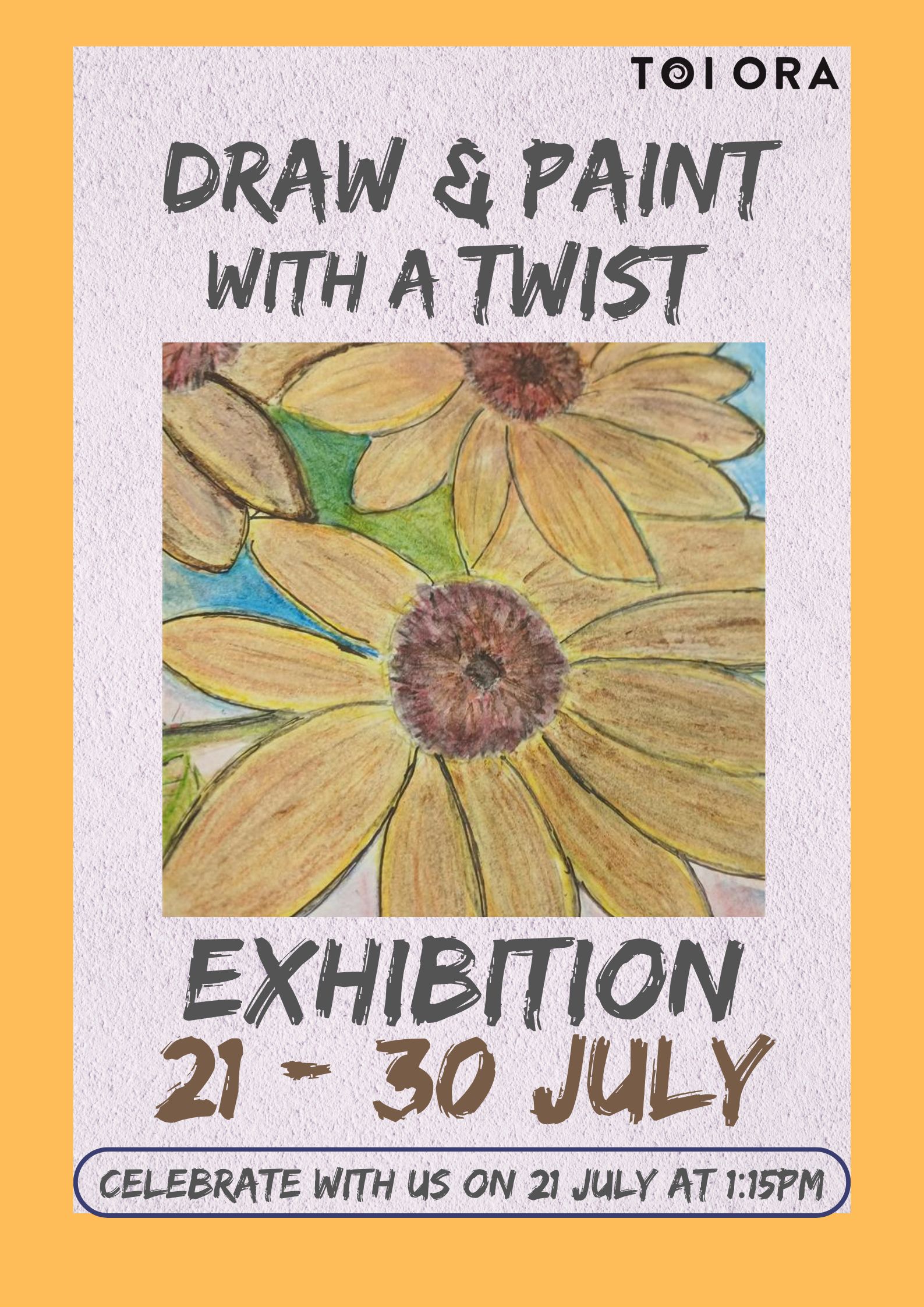 Draw & Paint with a twist Draw and Paint with a twist exhibition. Yellow boarder, sunflower painting.