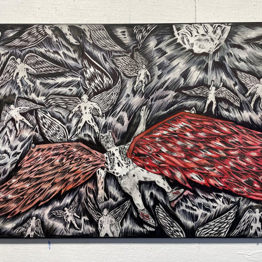 Painting of creatures, maybe people, one with wings. Mainly black and white. Wings are red