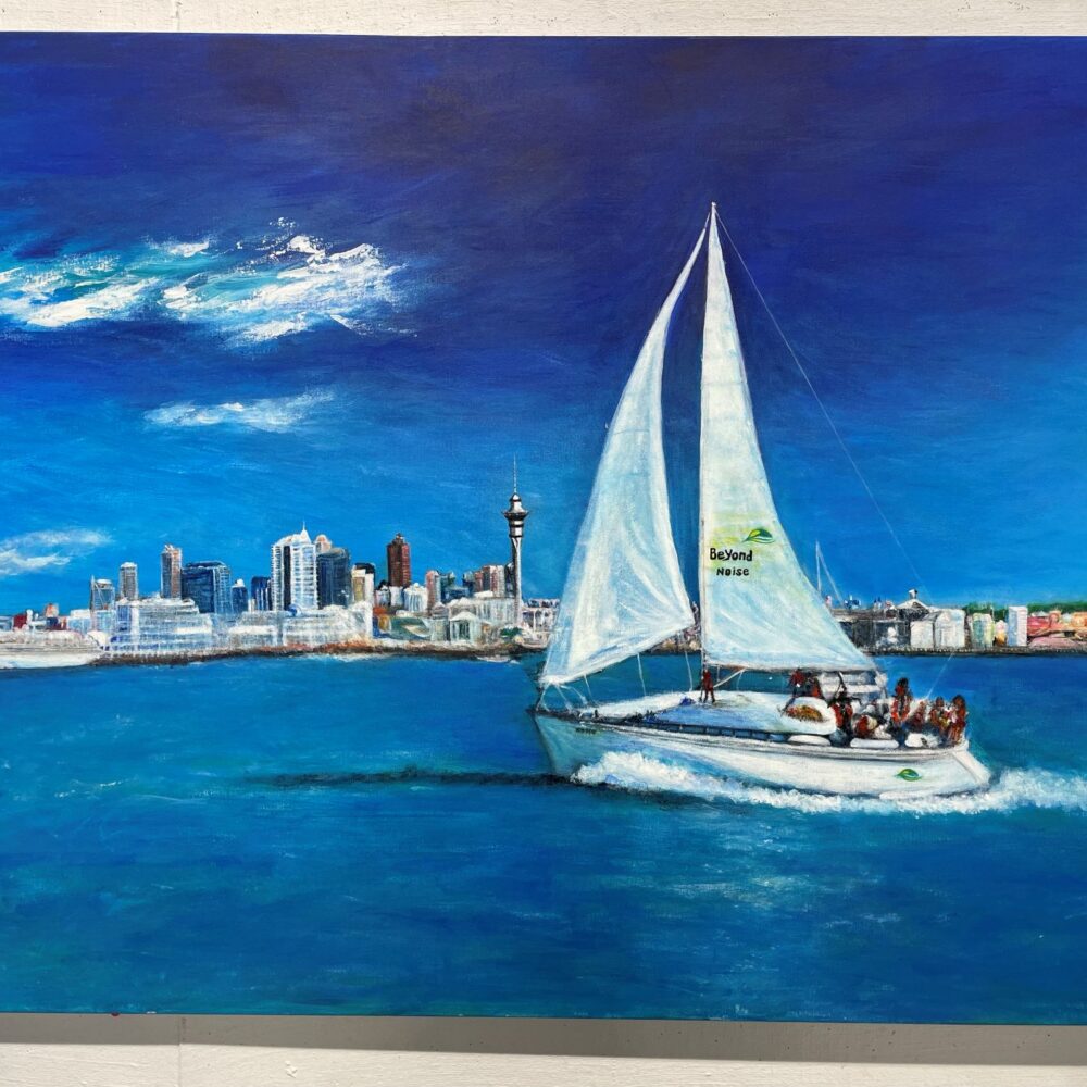 City of sails by Sharon Shih, painting of a yatch on the harbour with the Auckland skyline in the background